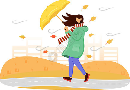 穿着绿色雨衣的女人扁平的颜色矢量不露面的角色 秋天的性质 多风的天气 有伞的女性 穿着围巾的白种人女士在白色背景上孤立地画着卡通图片