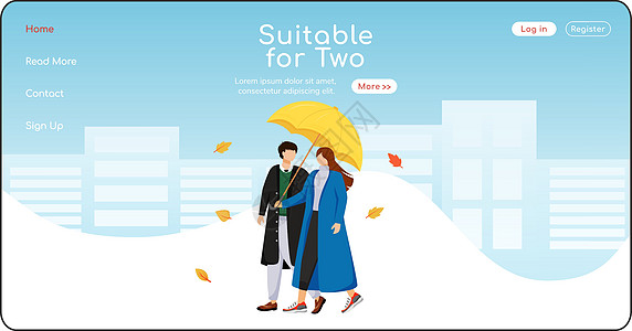 适用于两个伞着陆页平面颜色矢量模板 穿着外套主页布局的步行夫妇 湿天一页网站界面与卡通人物 阴雨天气图片