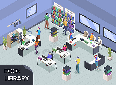 人们在现代图书图书馆等距彩色矢量插图 书店货架 书桌上的图书管理员 大学生阅读搜索教科书 公共图书馆 3d 概念图片