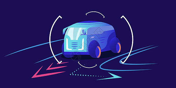 汽车导航平面彩色矢量图 智能驾驶辅助汽车运动预测交通分析系统接口 货车在蓝色背景上轮流图片
