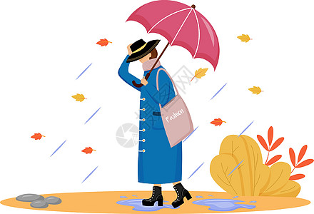 穿着雨衣的女人扁平的颜色矢量不露面的角色 戴着帽子走路的白人女士 秋天的性质 下雨天 白色背景上带雨伞的时尚女性孤立卡通画图片