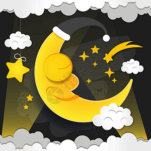 nightca 中睡着的微笑月亮的矢量图解魔法催眠曲童话时间绘画天空蓝色星星艺术卡片图片