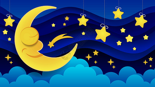 nightca 中睡着的微笑月亮的矢量图解婴儿魔法天空蓝色童话绘画卡片故事卡通片装饰品图片