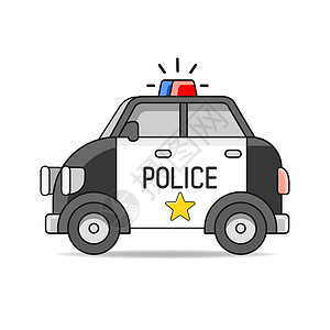 矢量警车平插图孤立在白色背景上 标签和邮政的手绘设计元素警笛卡通片发动机灯塔职业汽车法律安全窗户服务图片