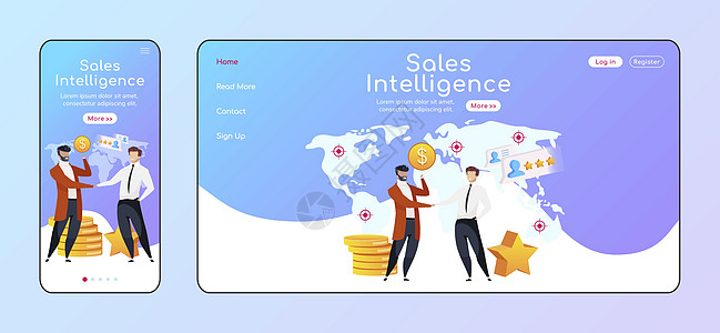 销售智能自适应登陆页面平面颜色矢量模板 商务人士握手移动和 PC 主页布局 利润增长一页网站 UI 合作伙伴网页跨平台设计图片