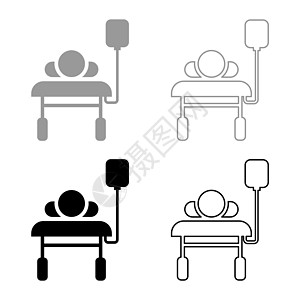 病人躺在医疗床上 带滴管 男子带滴管 紧急治疗概念注射复苏 重症监护图标轮廓设置黑色灰色矢量插图平面样式 imag图片