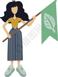 零废物平面卡通矢量插图 站着的女人拿着绿色的旗叶 环保 准备好使用二维字符模板进行商业印刷设计 孤立的漫画她图片