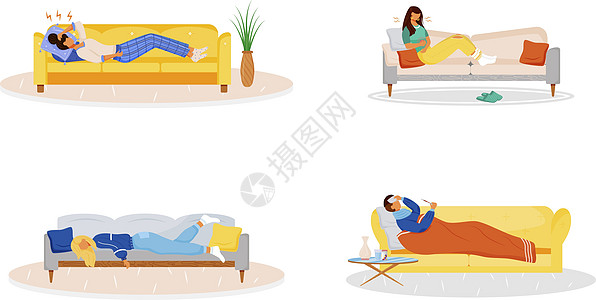 躺在沙发上平面颜色矢量不露面字符集 生病的人在沙发上休息 身体不适的人 病妇 流感虚弱 白色背景上的疾病症状孤立卡通插图图片