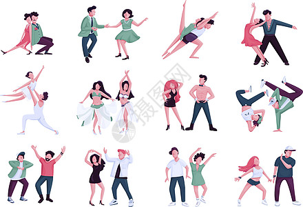 合作伙伴舞蹈平面颜色矢量不露面字符集 男性和女性表演者 人们在夜总会跳舞孤立的卡通插图在白色背景图片
