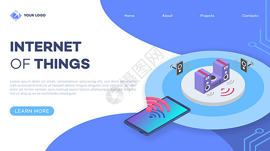 带有等距插图的智能家居立体声系统登陆页面矢量模板 扬声器音乐音量远程控制智能手机应用程序 网站界面设计 网页 3d 概念图片
