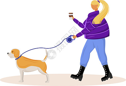 女人遛狗平面颜色矢量不露面的字符 带着咖啡去的白人女孩 有饮料和宠物的女士 牵着狗的女性 周末漫步孤立的卡通它制作图案图片
