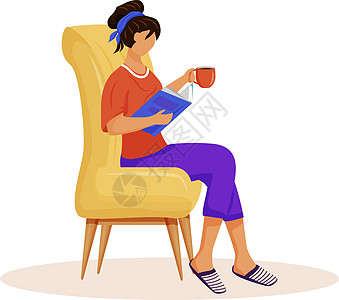 女人看书平面颜色矢量不露面的字符 女士在家里坐在椅子上放松 沙发上有热饮的女孩 女性阅读杂志 娱乐孤立卡通它制作图案图片