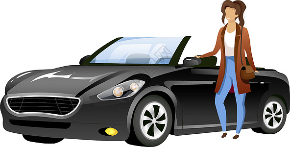 站在车旁的女孩平面颜色矢量不露面的角色 微笑的年轻女子购买黑色敞篷车孤立的卡通插图 用于网页图形设计和动画 汽车经销商客户图片