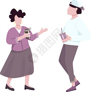 人们喝着咖啡 谈论着扁平的彩色矢量不露面的人物 男人拿着一次性杯子 女人拿着保温杯 用于网页图形设计和动画的独立卡通插图图片
