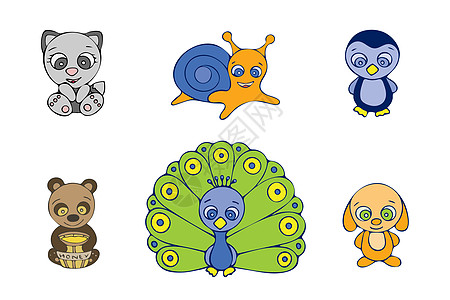 彩色蜗牛狗孔雀企鹅猫和熊涂鸦素描 白色背景上的手绘孤立插图 设计 T 恤打印游戏和应用程序的插图图片