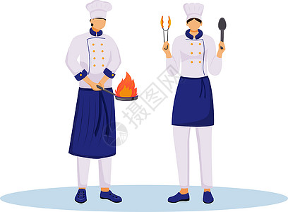 厨师用炊具平面彩色矢量插图 两个穿着制服的厨师拿着煎锅和勺子 厨房员工 食品服务人员在白色背景上隔离卡通人物图片