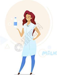 女人拿着一瓶牛奶平面彩色矢量图 奶制品生产 牛奶厂员工 小农本地业务 食品工业 白色背景上的孤立卡通人物图片