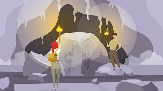 探险到洞穴平面矢量图 男人和女人拿着火把在山里探索 女性发现壁画 男性观察墙图片 游客卡通人物图片
