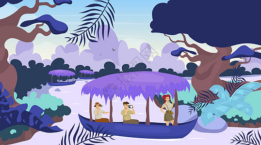 游客在船平面矢量图中 乘船旅行的小组 在河流上航行 雨林景观 有河道的亚马逊森林 女性和男性卡通人物图片