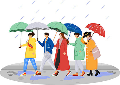 穿着雨衣的人平面颜色矢量不露面的人物 带着雨伞行走的白种人 下雨天 道路上的男人和女人在白色背景上孤立的卡通插图图片
