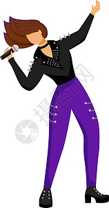 女歌手平面彩色矢量插图 主唱 女主唱 音乐家 音乐乐队成员 摇滚 有话筒的女人 音乐会 白色背景上的孤立卡通人物图片