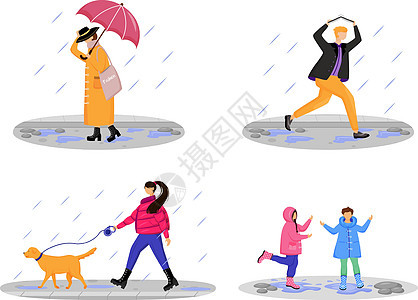 人们在雨中平面颜色矢量不露面字符集 行走的白种人 下雨天 玩耍的孩子 穿着雨衣的男人和女人在白色背景上孤立的卡通插图图片