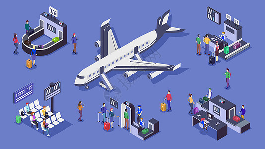 人们在机场等距颜色矢量插图集 行李带商业飞机和安全检查站 3d 概念隔离在蓝色背景上 行李扫描仪和值机柜台图片