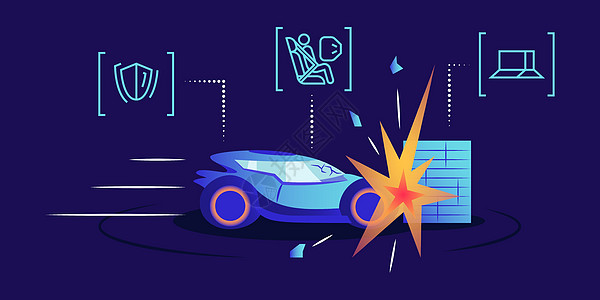 无人驾驶汽车碰撞测试平面彩色矢量插图 车辆在蓝色背景上撞墙 驾驶员保护措施运输耐久性和障碍物检测系统检查图片