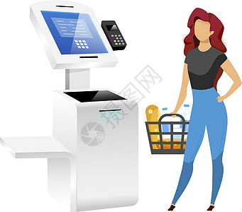 具有商店终端平面颜色矢量不露面字符的女人 超市支付系统在白色背景上孤立的卡通插图 自助服务技术 非接触式支付技术图片