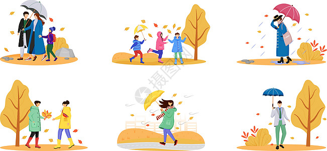 带着雨伞走路的人平面颜色矢量不露面的字符集 秋天的性质 下雨天 潮湿的天气 白种人 男人和女人在白色背景上孤立的卡通插图图片