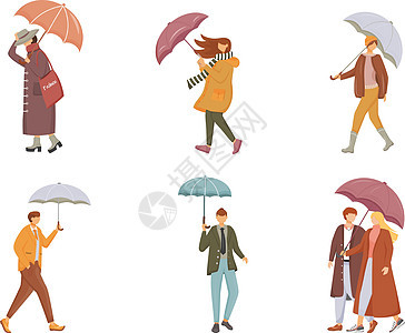 带着雨伞走路的人平面颜色矢量不露面的字符集 下雨天 潮湿的天气 白种人 男人和女人在白色背景上孤立的卡通插图图片