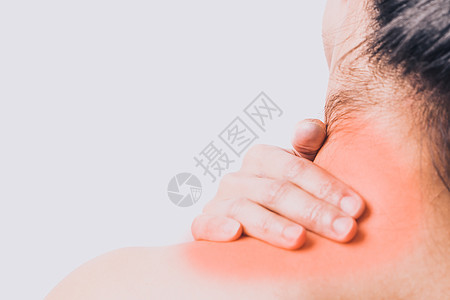 女性颈部和肩部疼痛受伤 红色亮点肌肉卫生按摩脊柱女孩白色医疗皮肤痛苦药品图片