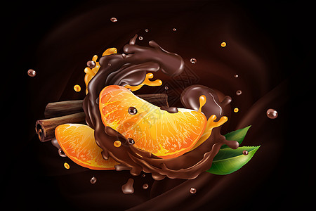黑巧克力中的橘子片和肉桂条图片