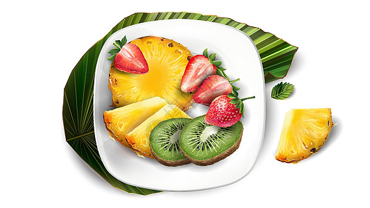 菠萝 和草莓在白板和叶子上的成分美食浆果盘子餐厅凤梨广告食物水果饮食营养图片