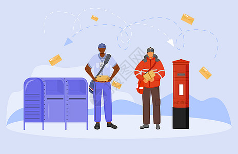 邮局男工平面彩色矢量图制作图案皇家服务男人男性女性盒子员工女士邮政船运图片