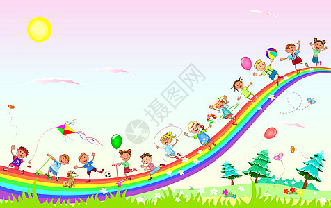 快乐的孩子们在彩虹上玩耍图片