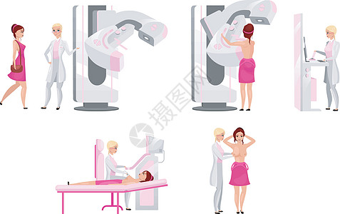 乳房体检平面插图集 乳腺 X 光诊断医学超声检查和触诊 乳腺癌预防考试概念 哺乳动物学家和女病人卡通人物图片