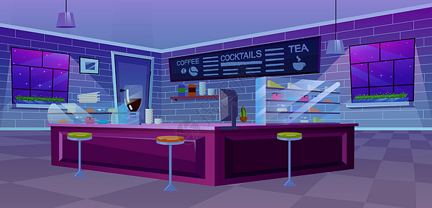 咖啡厅现代室内平面矢量图 夜间自助餐厅糖果与反潮流椅子玻璃陈列柜 月光下的卡通窗户 有饮料人的时髦的黑板图片