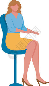坐在椅子上的年轻女子平面矢量图解 公司员工 穿着商务服装和高跟鞋的黑发女职员在白色背景上孤立卡通人物图片