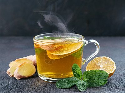 含姜 薄荷和柠檬的草药茶蒸汽蜂蜜饮料草本植物蔬菜液体香气味道香料杯子图片