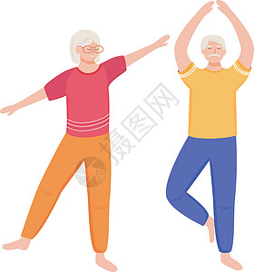 退休人员培训平面矢量图 体育锻炼 健康的生活方式 老夫妇花时间在一起 养老金领取者正在白色背景上做瑜伽卡通人物男人男性老年女性插图片