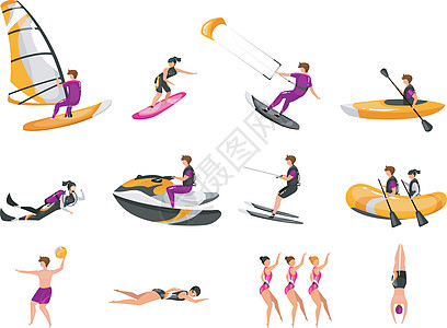 极限水上运动平面矢量插图集 冲浪独木舟皮划艇 水肺潜水 滑水运动员 花样游泳运动员 体育人孤立的卡通人物男人活动排球小艇滑水板女图片