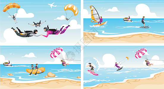 极限运动平面矢量插图集 情侣跳伞冲浪跳伞 海滩有趣的活动 海洋风帆冲浪 暑假 水上户外活动 极值卡通人物女士团队男人活力潜水娱乐图片