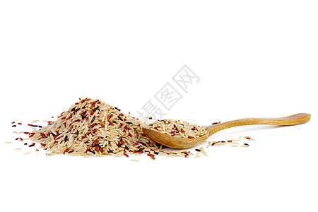 配有不同品种干稻谷的木勺子红色棕色粮食谷物黑色荒野图片