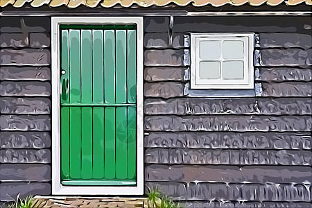 带木墙和绿斗的乡村小屋前门图片