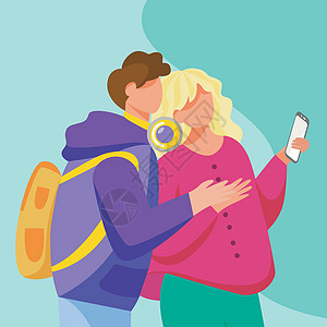 寻找智能手机屏幕平面矢量图的年轻夫妇 有小工具的少年恋人 千禧一代 青春期男友拥抱女友孤立的卡通人物在绿松石背景图片