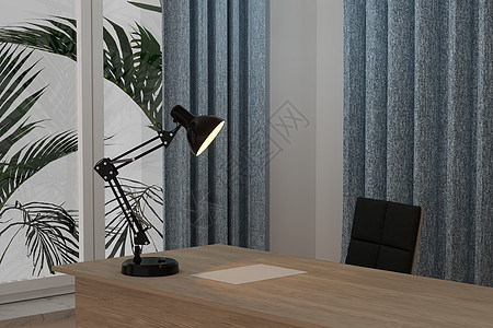 带木桌和装饰 lamp3d 渲染的私人工作场所窗帘工作室辉光聚光灯装饰品建筑学风格房间桌子学习背景图片