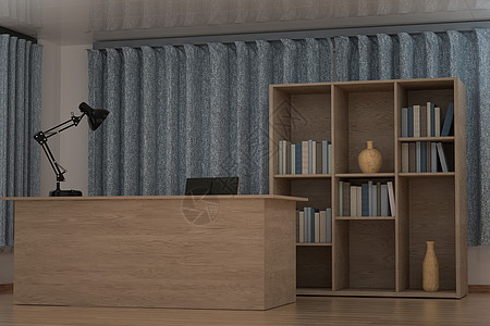 带木桌和装饰 lamp3d 渲染的私人工作场所房间办公室公寓风格职场聚光灯日光商业工作室装饰品背景图片