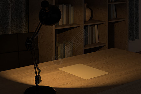 带木桌的私人工作场所在 night3d 渲染文档房间装饰风格照明辉光聚光灯房子建筑学工作室背景图片