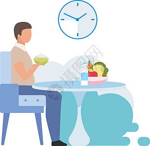 健康的午餐习惯平面矢量插图 晚餐吃乳制品的年轻人 白色背景上食用新鲜水果和蔬菜的男性乳素食者孤立的卡通人物图片
